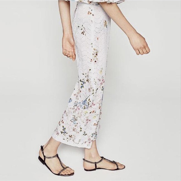ZARA Floral Printed Culottes Embroidered Cut Out Cropped Pants Trousers Cream - Picture 3 of 9